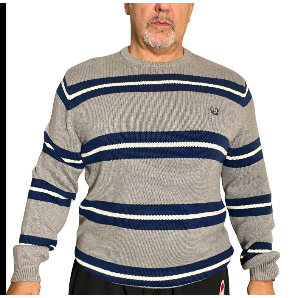 Men's XL Chaps Striped Crewneck Sweater Grey Navy Blue Preppy Fall Winter